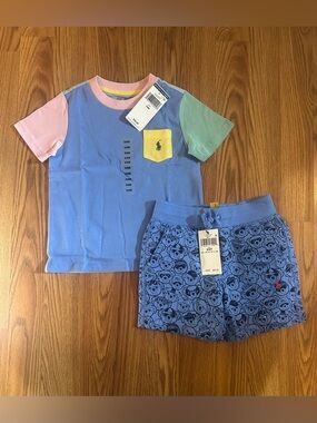 Polo Ralph Lauren Baby Pastel Colorblock Tee with Bear-Print Blue Shorts,Size 2T